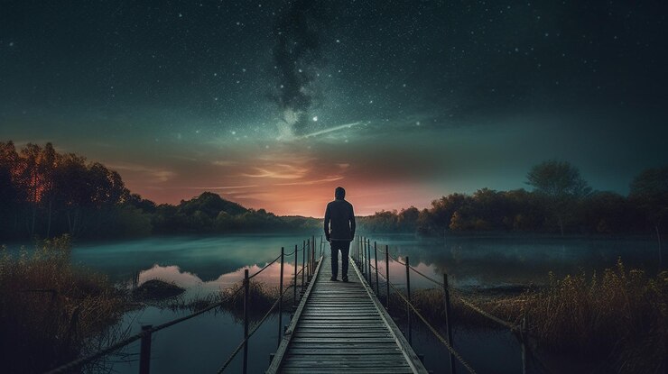 Paisaje de fantasía con un hombre caminando sobre un muelle de madera sobre un lago en la noche generativa ai