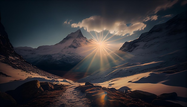 Foto paisaje de fantasía con iglesia en las montañasgenerativo ai