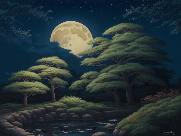 Paisaje de fantasía con un lago árboles nubes y luna llena Luz de la luna Cielo estrellado Noche de cuento de hadas s