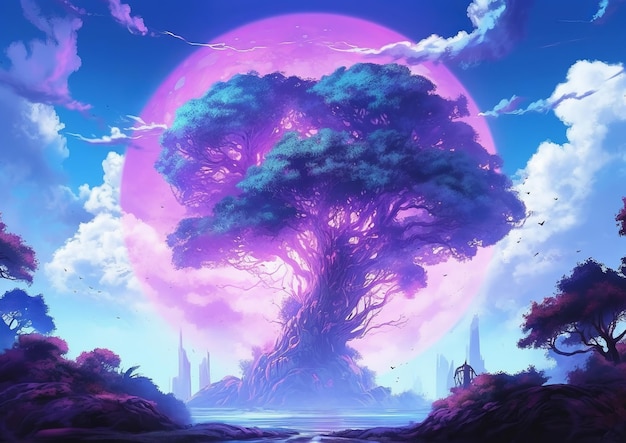 Un paisaje de fantasía con un majestuoso gran árbol fantasía anime cielos