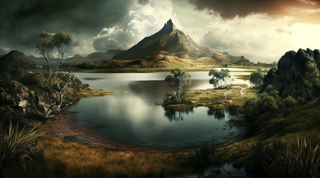 Paisaje de fantasía con montaña y lago Ilustración generativa de IA