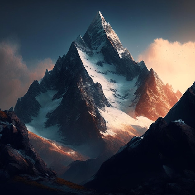 Paisaje de fantasía con montañas y cielo azul ilustración 3D