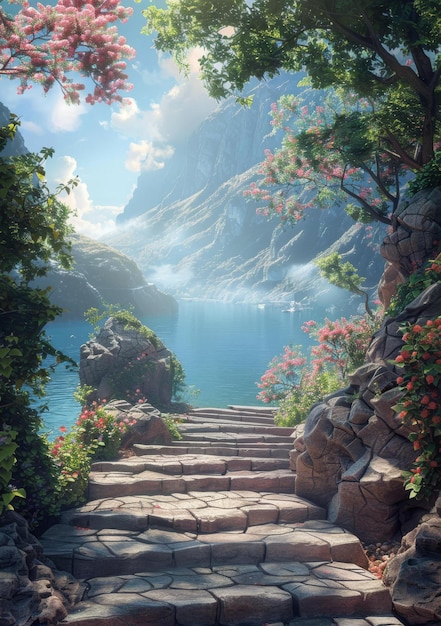 Paisaje de fantasía con montañas, lago y sendero de piedra