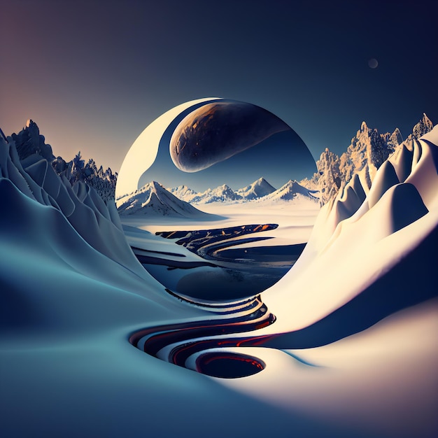 Paisaje de fantasía con montañas y un planeta ilustración 3D