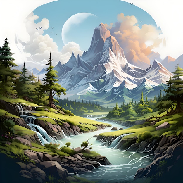 Paisaje de fantasía con montañas, ríos y bosques Ilustración vectorial