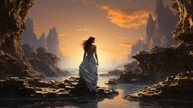 Un paisaje de fantasía muestra a una mujer de pie en una roca flotante en el aire
