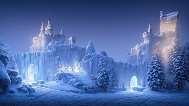 Paisaje de fantasía de noche de invierno Antiguo castillo de piedra en la nieve Puesta de sol de neón Ilustración 3D