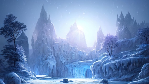 Paisaje de fantasía de noche de invierno Antiguo castillo de piedra en la nieve Puesta de sol de neón Ilustración 3D