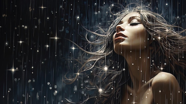 Paisaje de fantasía nocturno lluvia estrellada silueta de una chica IA generativa