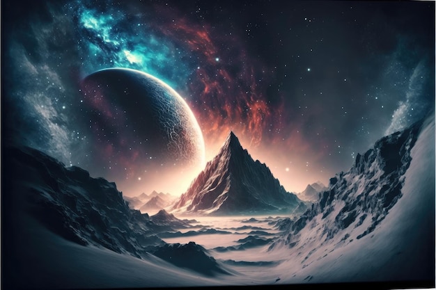 Paisaje en fantasía nuevo planeta con fondo de galaxia