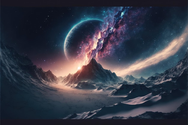 Paisaje en fantasía nuevo planeta con fondo de galaxia