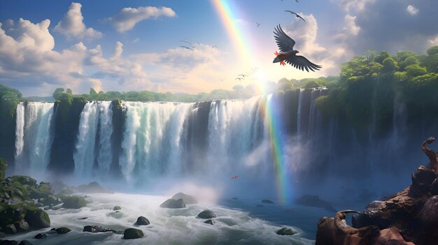 Paisaje de fantasía con un pájaro volando sobre una cascada renderización 3D