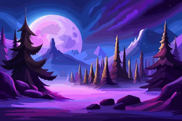Paisaje de fantasía con pinos y luna llena Ilustración vectorial de una noche de naturaleza surrealista