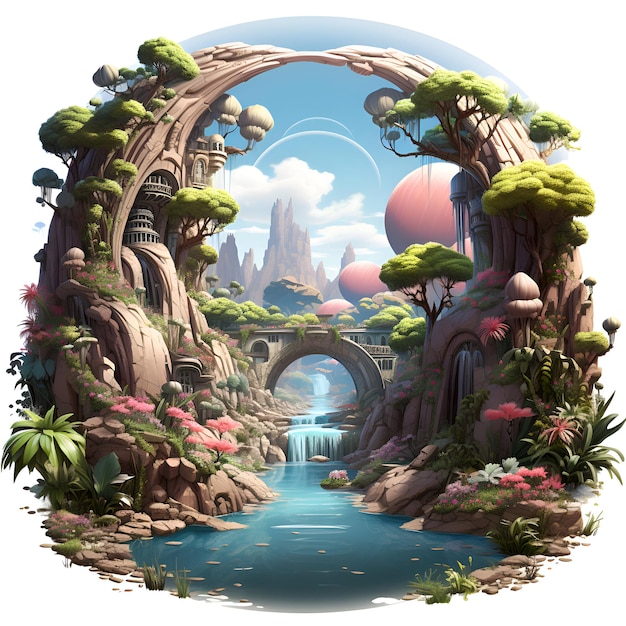 Paisaje de fantasía con planeta de fantasía y castillos de fantasía ilustración para niños