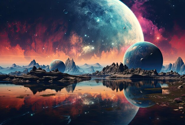 Paisaje de fantasía con planetas y estrellas en el espacio ilustración 3d