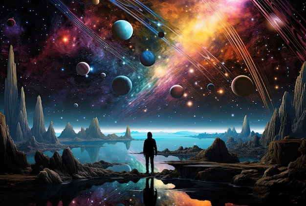 Paisaje de fantasía con planetas y estrellas en el espacio ilustración 3d