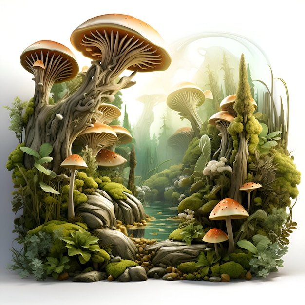 Paisaje de fantasía con setas en el bosque Ilustración 3D