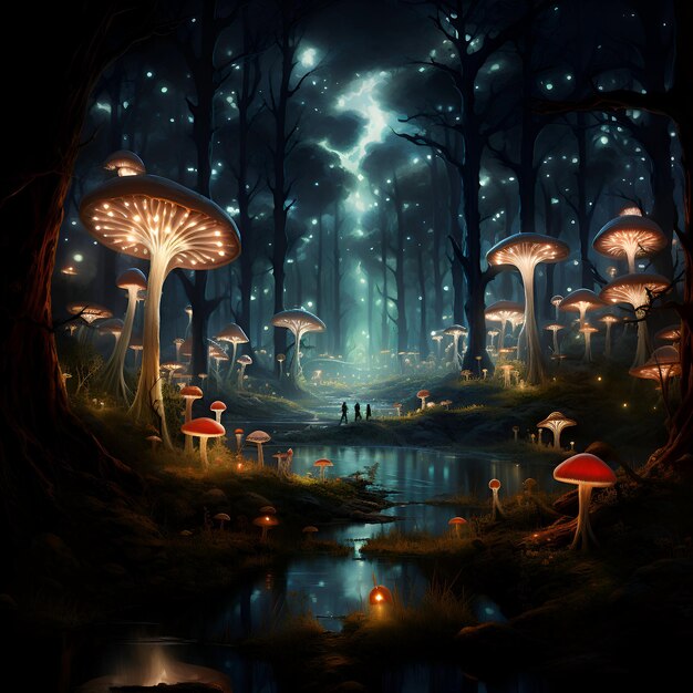 Paisaje de fantasía con setos mágicos árboles y bosque Pintura digital