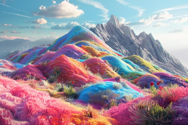 Foto un paisaje de fantasía vibrante con coloridas colinas