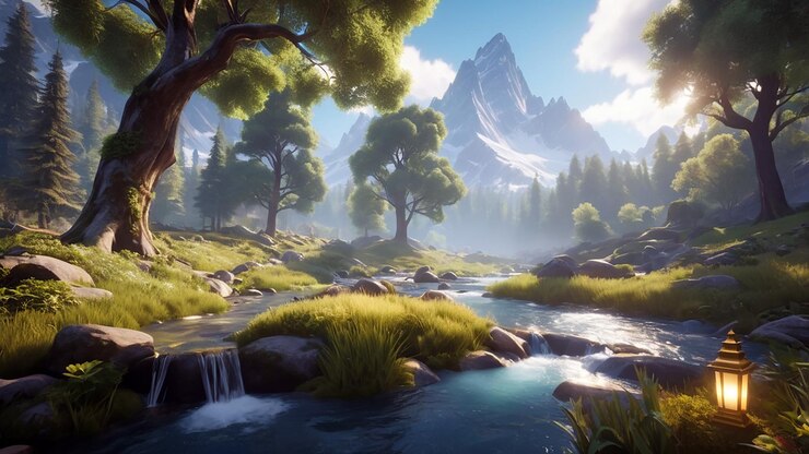 un paisaje fantástico con una majestuosa cordillera con picos nevados en la distancia