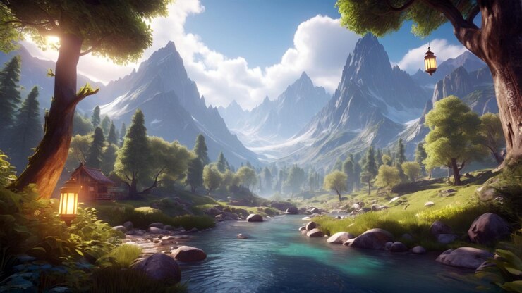 un paisaje fantástico con una majestuosa cordillera con picos nevados en la distancia