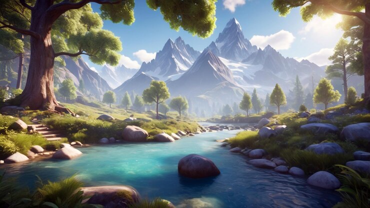 un paisaje fantástico con una majestuosa cordillera con picos nevados en la distancia