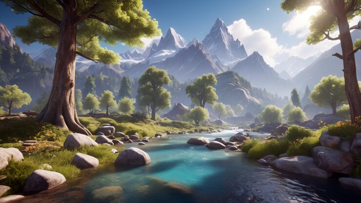 un paisaje fantástico con una majestuosa cordillera con picos nevados en la distancia