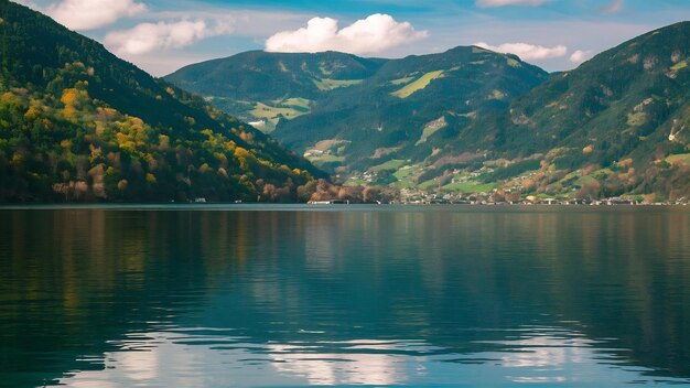 Foto paisaje del filzalmsee rodeado de colinas cubiertas de vegetación en austria