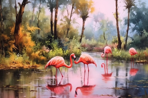 un paisaje de flamencos con fondo de acuarela