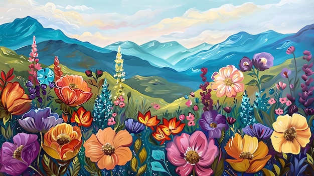 Paisaje floral vibrante pintura flores coloridas contra telón de fondo de montaña escena de naturaleza artística ideal para fondos y papeles de pared IA