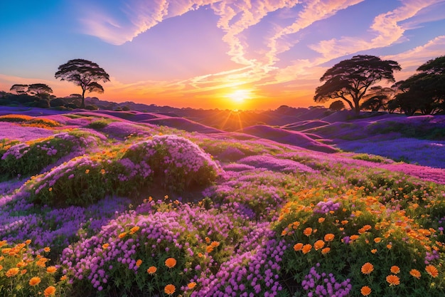 Paisaje con flores de colores al atardecer