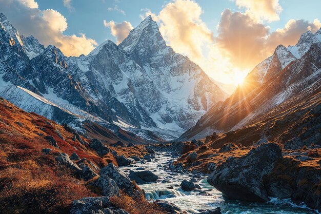 Paisaje con flores en primer plano y grandes montañas en el fondo