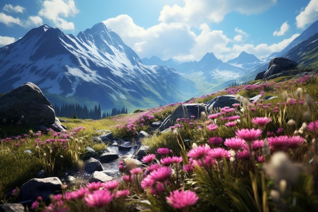 Paisaje con flores silvestres Hermosa ilustración de imagen AI generativa