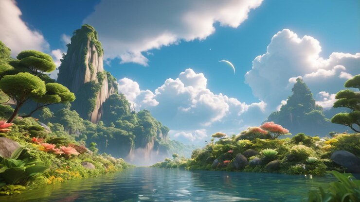paisaje flotante 3d con elementos de la naturaleza y nubes