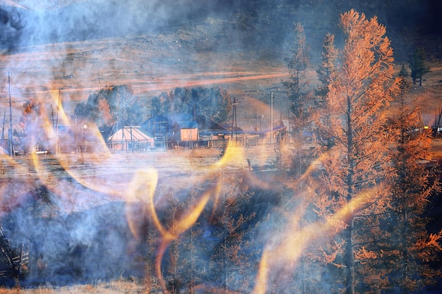 paisaje de fondo de incendios forestales, fuego abstracto y humo en el bosque, árboles de sequía están ardiendo