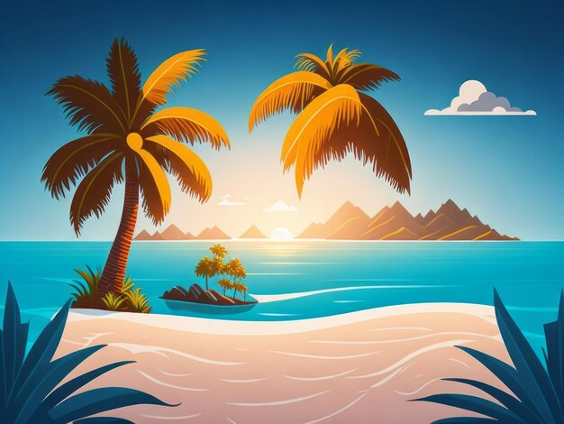 Paisaje, fondo, mar, y, playa, vector, ilustración, sonriente, sol, fantasía, tono, en, tarde