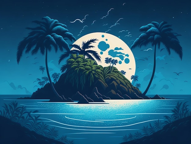 Paisaje, fondo, mar, y, playa, vector, ilustración, sonriente, sol, fantasía, tono, en, tarde