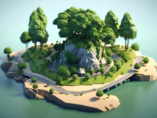 Paisaje forestal en 3D en el montículo con el río Ilustración de juego renderizado en 3D Ai Imagen generada