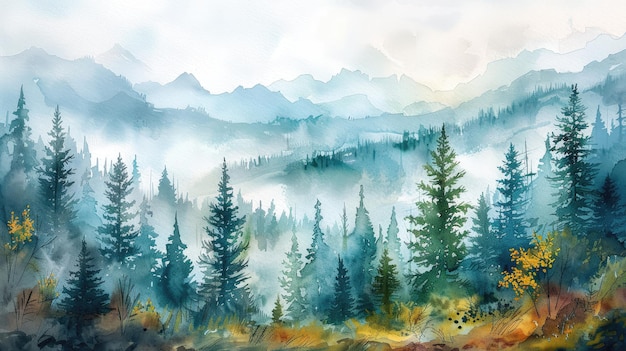 Paisaje forestal de acuarela con montañas de niebla en el fondo