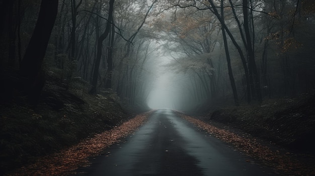 Paisaje forestal con árboles de niebla en la carretera atmósfera de silencio papel tapiz campo campo a través