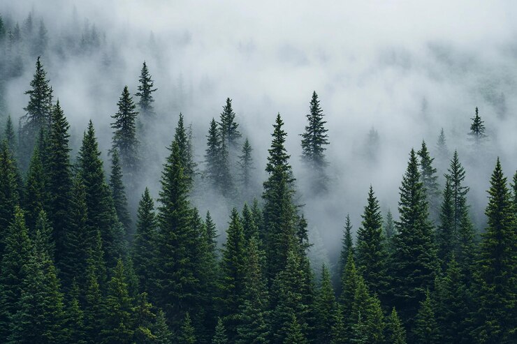 Paisaje forestal brumoso con altos árboles de coníferas en la luz de la madrugada IA generativa