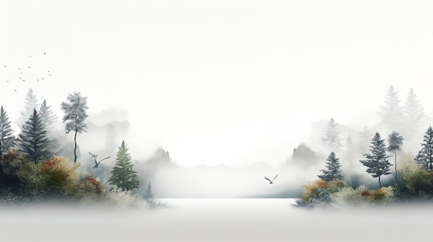 Paisaje forestal húmedo con concepto blanco de niebla y niebla
