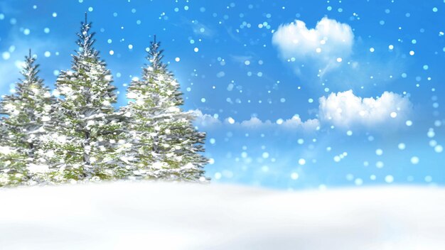 paisaje forestal de invierno cielo azul árboles cubiertos de nieve, nubes blancas en el símbolo del corazón, copos de nieve