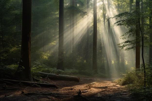 Paisaje forestal oscuro con rayos de luz filtrándose a través de los árboles