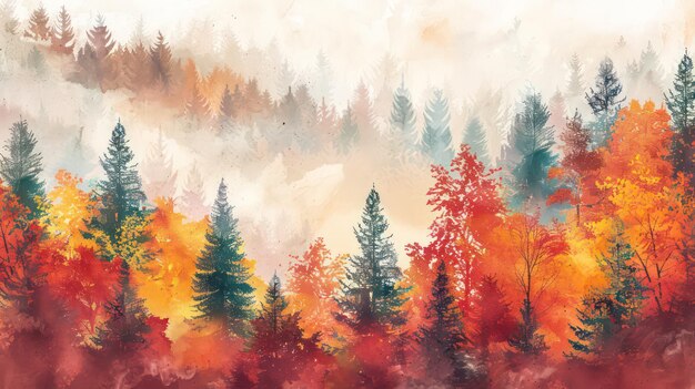 Paisaje forestal de otoño Pintura en acuarela colorida de la temporada de otoño Árboles rojos y amarillos