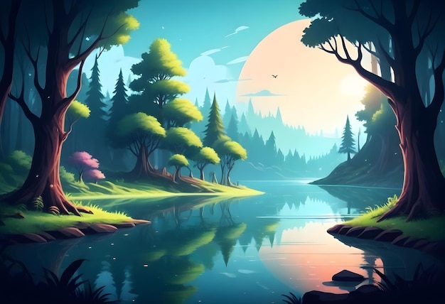 un paisaje forestal con un río y una luna llena