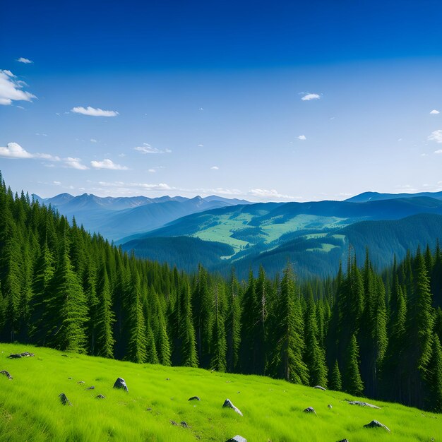 Paisaje forestal tranquilo con cielo azul y pinos