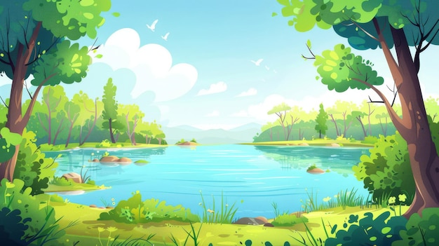 Paisaje forestal de verano con lago estanque azul claro hierba verde orilla árboles con musgo y arbustos escena natural panorámica de primavera de bosques con un embalse