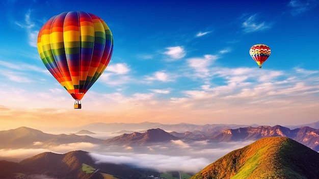 Paisaje fotográfico de globos aerostáticos en la niebla matutina con amanecer en las montañas