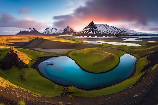 Paisaje fotográfico de la puesta de sol sobre la montaña kirkjufell con la cascada kirkjufellsfoss y el colorido pileu